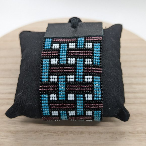 Loom Beaded Bracelet Purple & Teal w/ Leather Ends - Picture 2 of 5